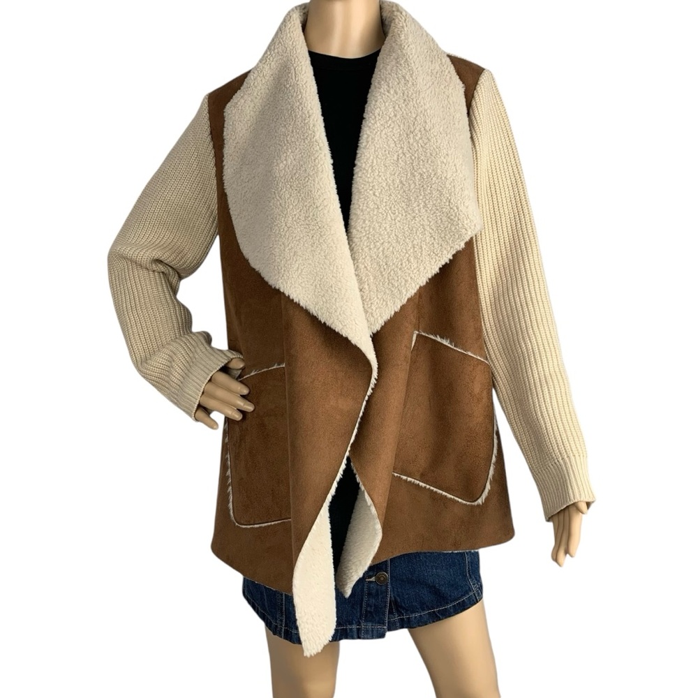 Anthropologie Moth Cardigan Sweater Faux Suede Sherpa Knit Women’s Size Medium